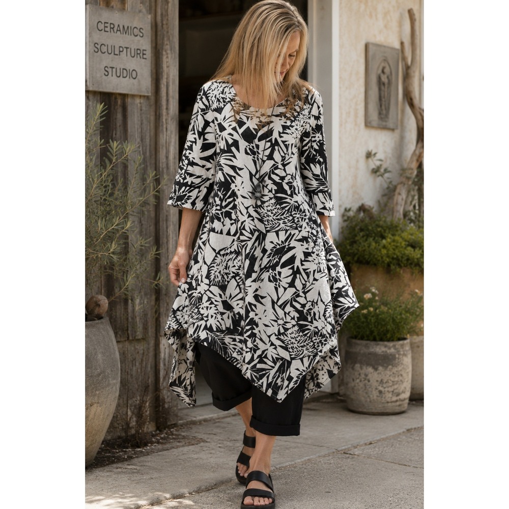 NWT Bryn Walker Naida Heavy Linen Oasis Print Tunic Dress Black S Made USA